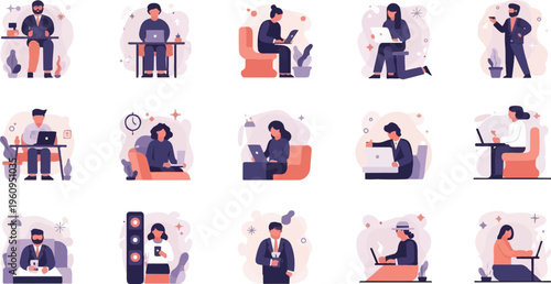 Flat design people working on laptops and using phones at desks and comfy chairs
