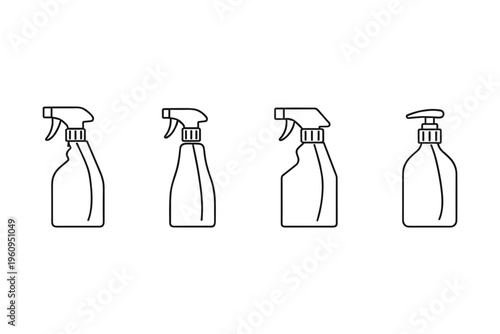 Collection of different spray bottles and a pump dispenser in a line