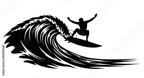 Black silhouette of a surfer riding a wave on a surfboard with arms outstretched