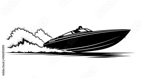 Black silhouette of a speed boat on water with splashing waves