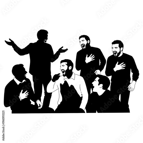 Silhouette of men singing together harmoniously.