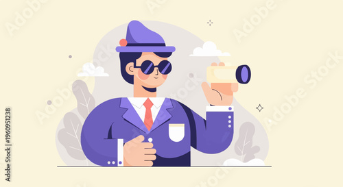 Cartoon man in sunglasses and hat peers through a telescope