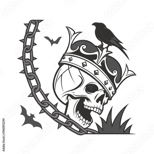 Skull, crown, chain, and crow, gothic, tattoo, vector illustration, black and white
