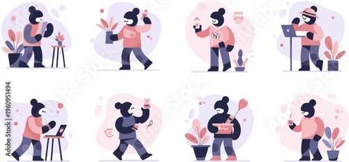 Pixelated figures engage in various daily activities and hobbies