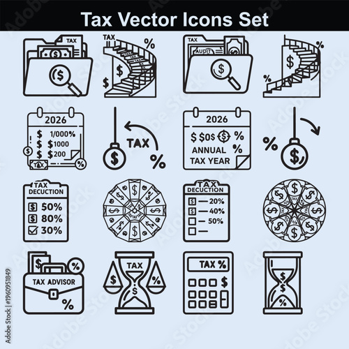 Collection of tax vector icons illustrating financial audit, planning, and deadlines.