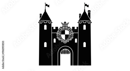 Black and White Castle Gate Logo Icon with Heraldic Shield