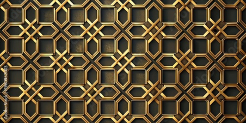 Intricate Gold and Dark Surface Geometric Pattern with Interlocking Hexagons and Squares