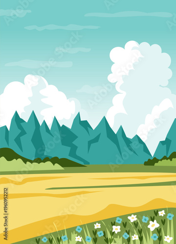 Summer landscape. Green field, mountains, fluffy cumulus clouds in the sky. Wild flowers. Rural scenery, peaceful outdoor environment. Nature.Travel tour. Vector