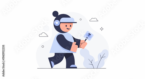 Cute character with a selfie stick walks among plants and clouds