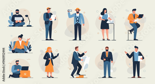 Diverse business professionals engaged in various work-related activities