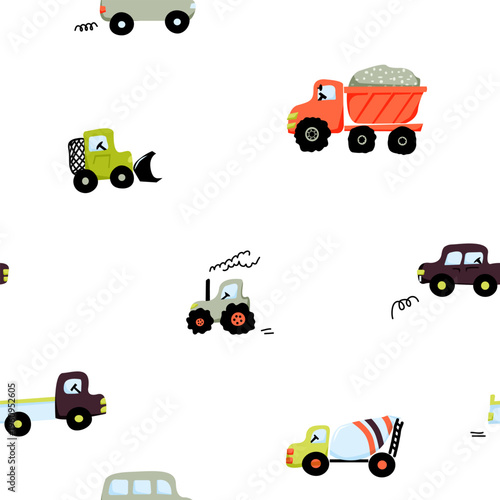 Cars pattern. Loader, tractor, concrete mixer, passenger cars. Vector baby background. Perfect for  wrapping paper, printing on the fabric, design package and cover for kids