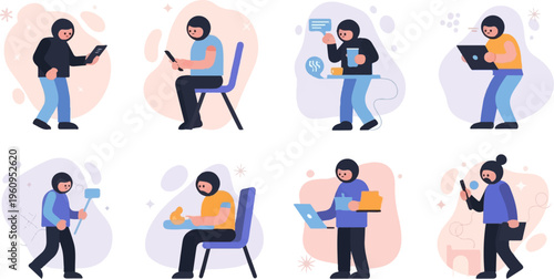 Diverse individuals engaged in digital activities and casual moments