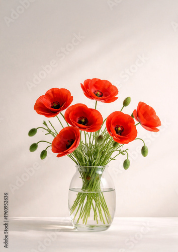 Bouquet of red poppy flowers in a clear glass vase on a light background. Minimal floral composition with soft natural light, elegance and copy space.