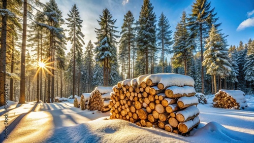 Winter Sunset in a Snow-Covered Forest with Stacks of Logs