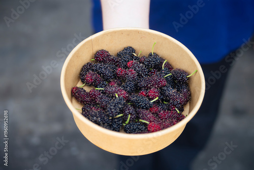 Mulberry fruit in a bowl in woman hand on blurred background