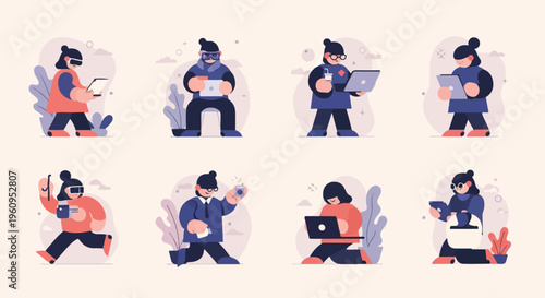 Eight figures interacting with devices and engaging in activities