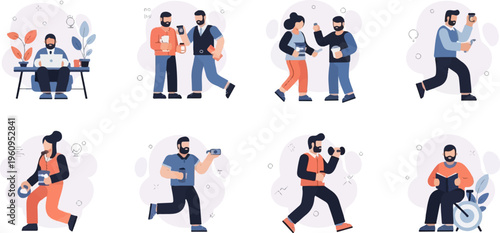 Diverse people engaged in work, exercise, and leisure activities