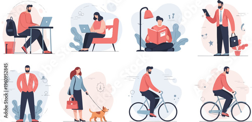 Diverse people engaging in work, leisure, and daily activities