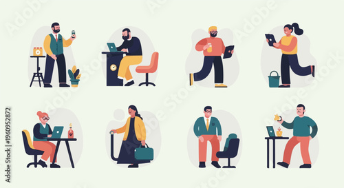 Diverse professionals engaged in office tasks, holding devices and beverages