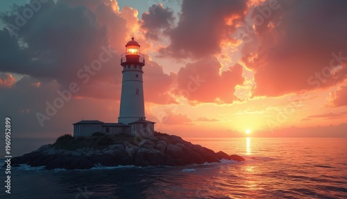 White lighthouse stands on rocky island at sunset. Warm sun sets over calm ocean water. Orange clouds glow in sky. Nautical tower warns ships. Beautiful coastal scenery.
