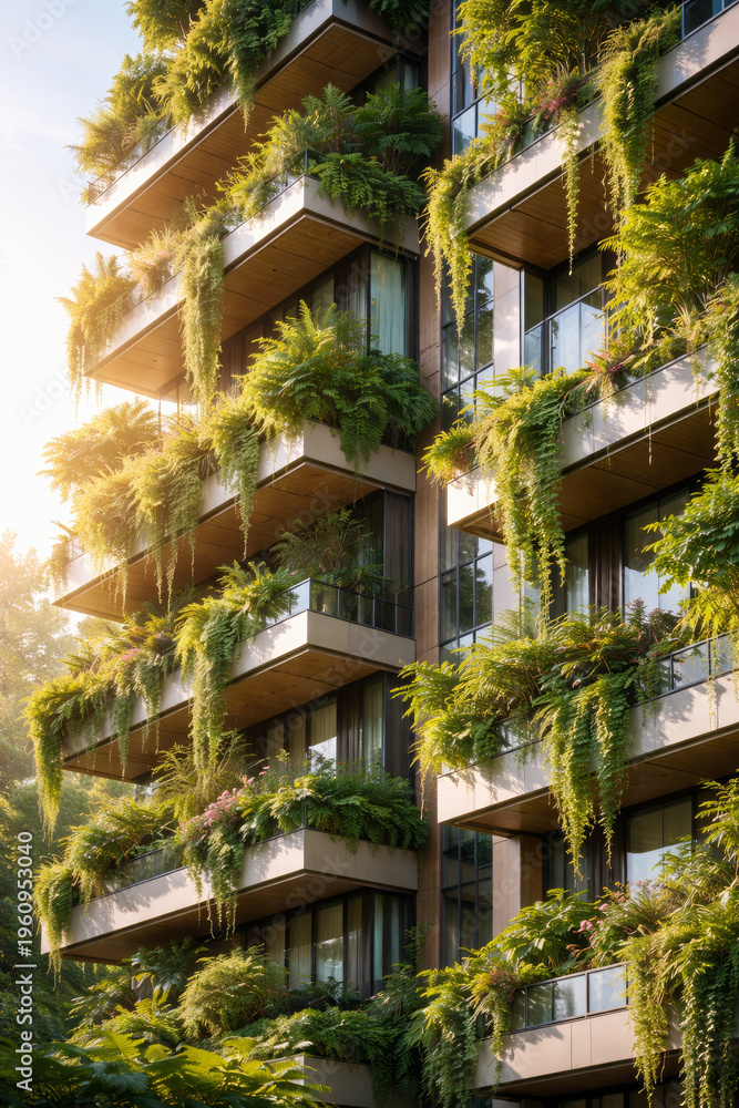 Fototapeta premium Modern building with lush greenery on balconies in sunlight
