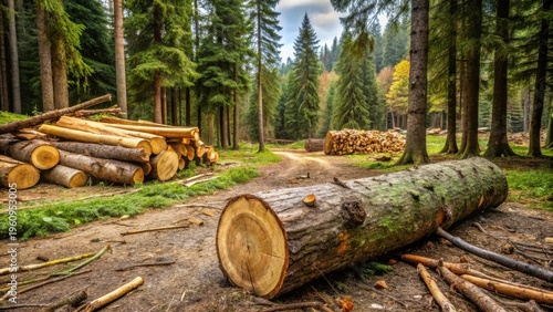 Forest Path with Stacks of Cut Logs and a Fallen Tree Trunk