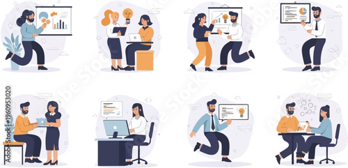 Diverse businesspeople collaborate and brainstorm in various meeting scenarios