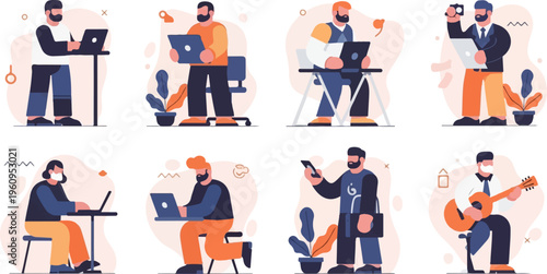 Eight people engaged in various modern activities, including working on laptops and playing music