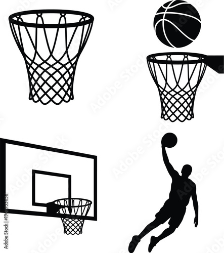Basketball hoop net backboard and player silhouette on  sport game