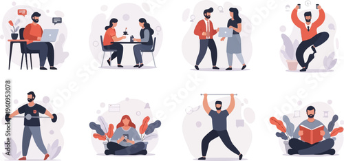 Diverse group of people engaged in various activities including work and leisure