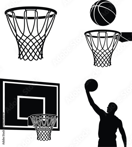 Basketball hoop net backboard and player silhouette on  sport game