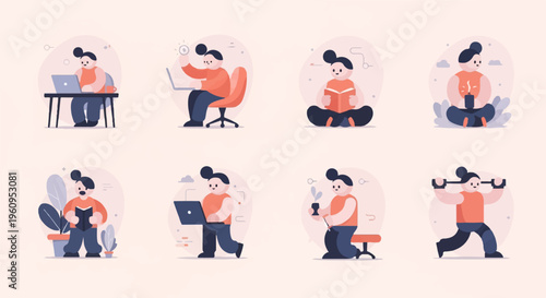 Diverse flat illustrations of people engaged in work, reading, and exercise
