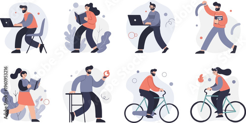 Diverse individuals engage in various activities like working, reading, and cycling