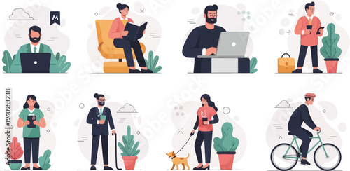 Diverse individuals engage in various daily activities, work, and leisure pursuits