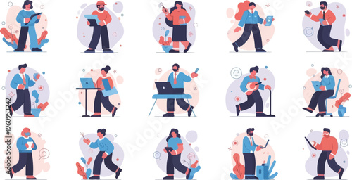 Diverse individuals engage in various modern professional activities and hobbies