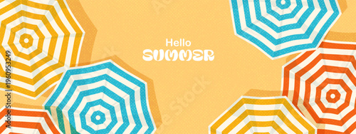 Summer vector illustration. Beach vacation concept. Sand, colorful stripped umbrellas. Retro style.