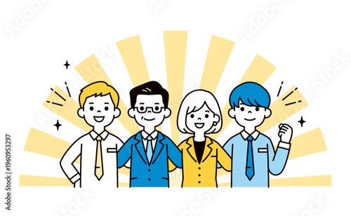 チームで肩を組む、団結する、社長・社員・従業員のシンプルな上半身ベクターイラスト素材