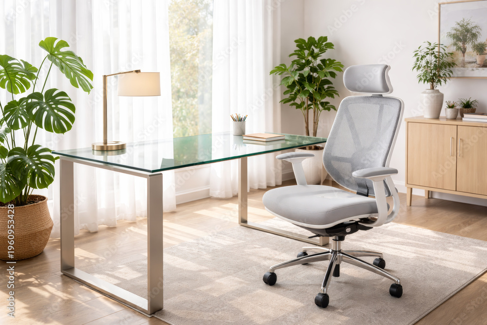 Fototapeta premium Modern home office setup with stylish furniture and plants