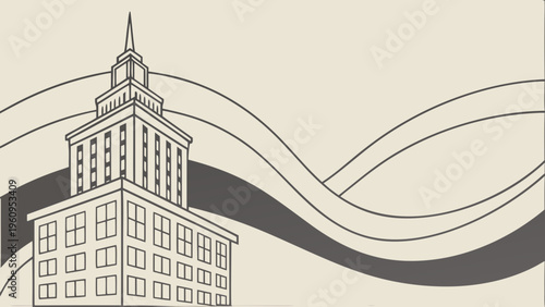 Vintage vector drawing of an old European city hall and architecture landscape featuring a black ink sketch of a street with a cathedral tower and urban buildings