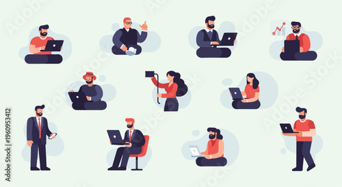 Diverse individuals engaged in remote work and digital tasks