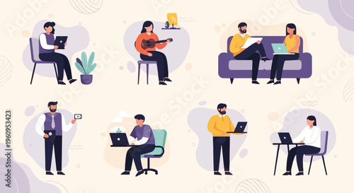 Diverse individuals engaged in various activities, including working on laptops, playing guitar, and using smartphones