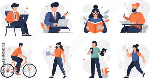 Diverse individuals engaged in various activities like working, reading, cycling, and exercising