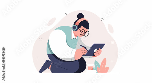 Person wearing headphones, glasses, drawing on tablet