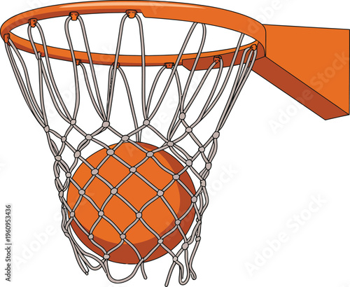 Basketball falling into a net with a backboard and rim 