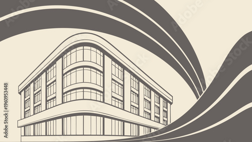 An abstract urban background of modern architecture in Barcelona features a glass skyscraper and a blue sky reflecting off the windows of a new downtown office building