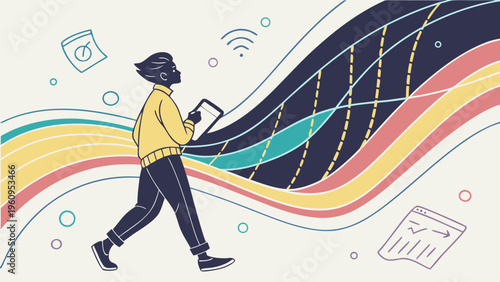 Cartoon illustration of a fitness woman and girl with a rainbow silhouette enjoying a fun winter sport activity and abstract art success