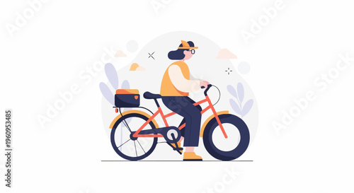 Person with bag rides a bike with minimal background