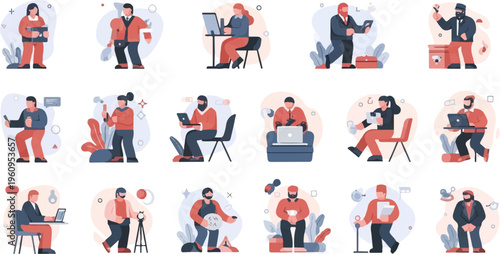 Diverse individuals engaged in various modern activities, digital interaction, and work