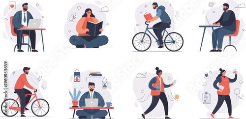 Diverse individuals engaged in various everyday activities, work, and leisure