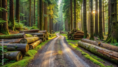 Forest Path Sunlight Through Trees With Logs
